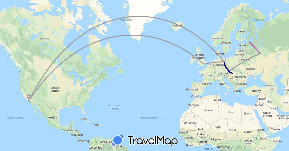 TravelMap itinerary: driving, plane, train in Austria, Czech Republic, Germany, United Kingdom, Hungary, Russia, Slovakia, United States (Europe, North America)